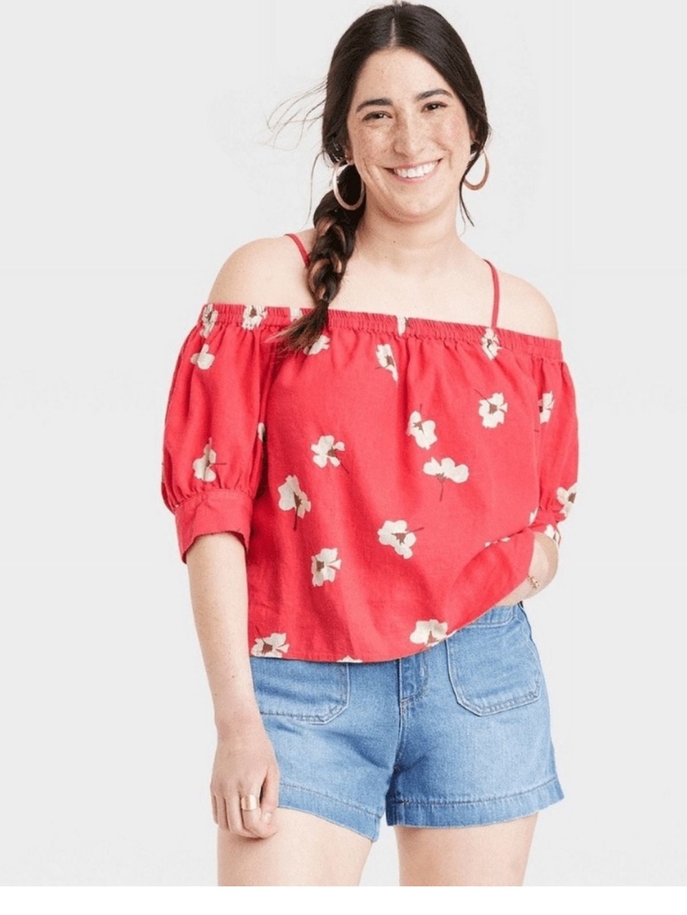 Universal Thread Linen Red Floral Off-Shoulder Top with Spaghetti Straps SZ L